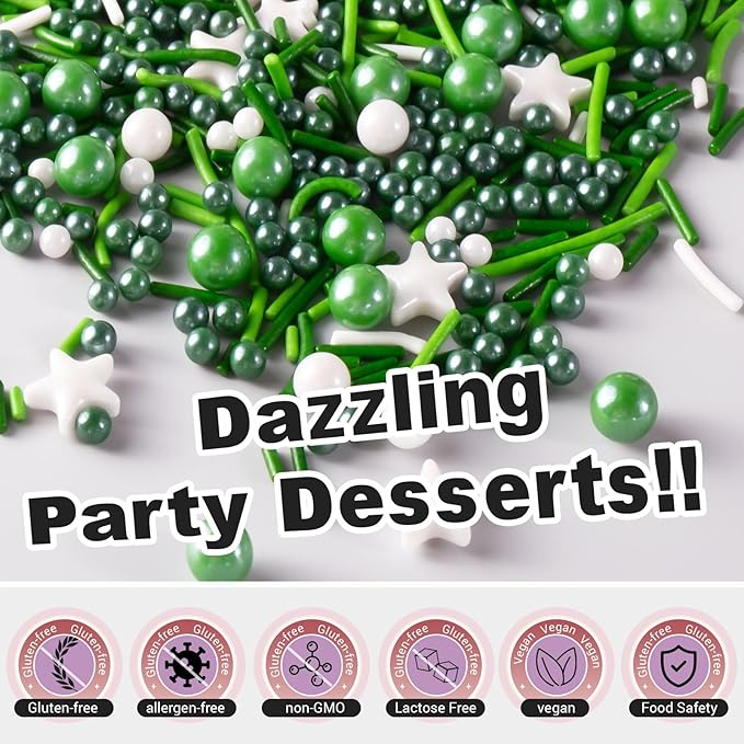 HUEBEATY 6-in-1 Green Sprinkles for Cakes, Cupcakes & Cookies Decorating – 180g Edible Jimmies & Pearls Mix – Football Sprinkles, Eagles, Minecraft, Jungle, Dinosaur, St. Patrick’s Day & Spring Cake Decorations