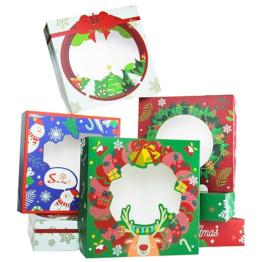 qiqee New Christmas Pie Boxes with Window 10x10x2.5 Inch 12Packs Cookie Donut Bakery Box