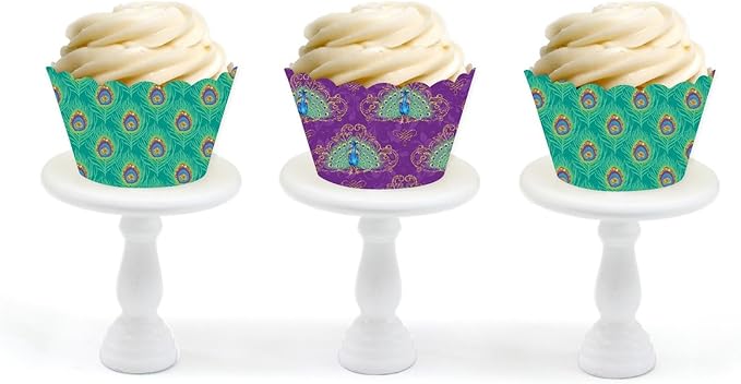 Andaz Press Party Cupcake Wrapper Decorations, Purple and Aqua Peacock Feathers, 24-Pack, Theme Colored Bulk Cake Supplies
