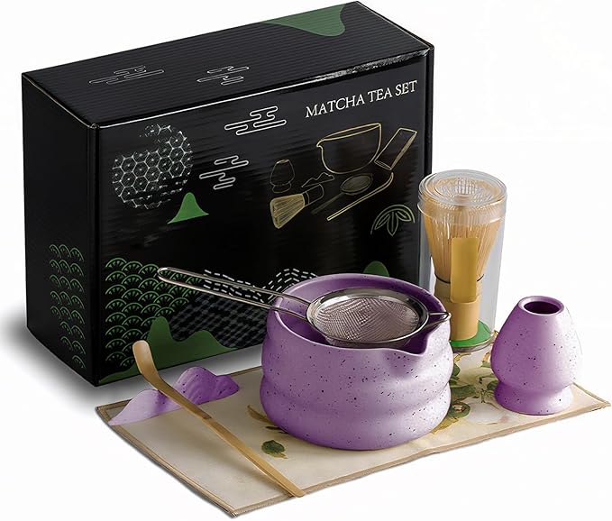 cjc 7-Pcs Matcha Whisk Set, Matcha Sets - Matcha Bowl with Spout, Bamboo Whisk and Holder, Scoop, Sifter ect.– Complete Gift for Matcha Lovers, Japanese Tea Ceremony（Pruple）