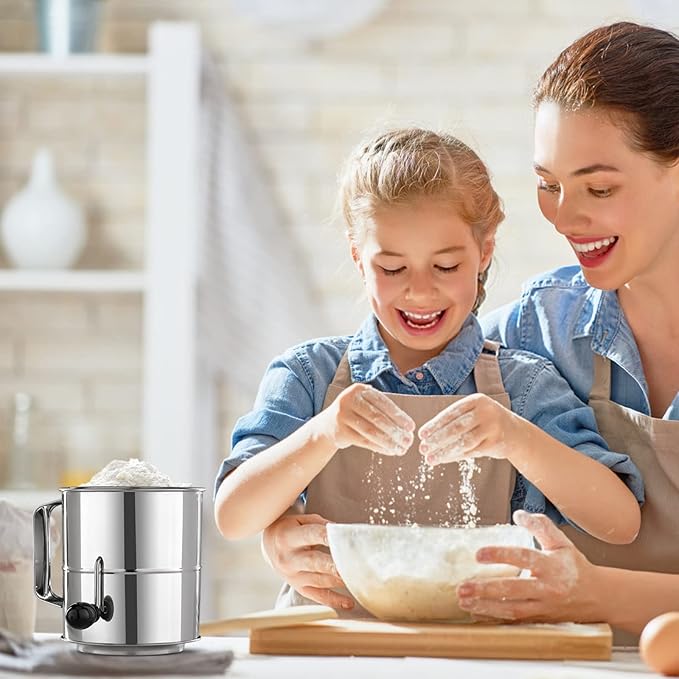 PIQUEBAR Flour Sifter - 8 Cup Fine Mesh Hand Crank Sifter Stainless Steel with Agitator Wire Loop for Baking, Powdered Sugar Duster Set