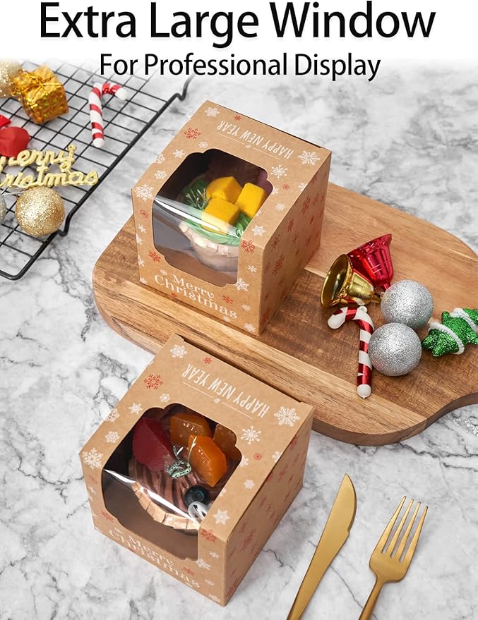 Kraft Brown Cupcake Boxes Christmas Individual with White Christmas Trees and Red Snowflakes 200 Pack for Holiday Gift