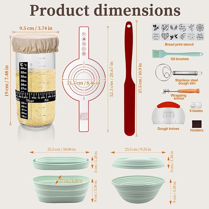 Banneton Bread Proofing Basket Sourdough Starter Kit, 34oz Sourdough Jar, 2 Silicone Proofing Bowls, Bread Sling Mat, Silicone Spatula, Dough Whisk, Complete Bread Making Kit (GREEN)