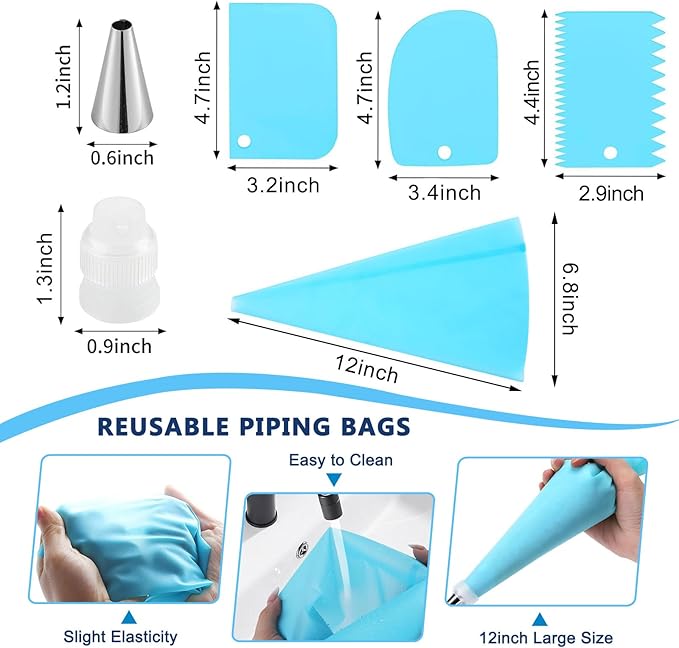 Piping Bags and Tips Set, Cake Decorating Kit Supplies with 6 Icing Tips, 1 Reusable Piping Bag, 1 Coupler, 3 Scrapers, Frosting Piping Kit Cake Baking Tools for Cookie Icing Cupcakes Cakes