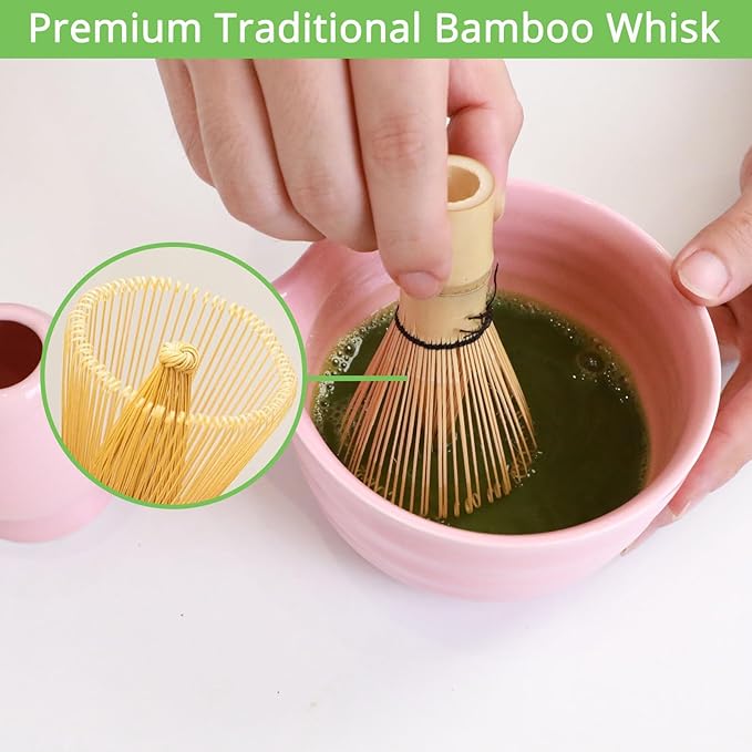Matcha Whisk Set, Pink Matcha Kit Set with Bowl, Whisk, Bamboo Scoop, Scoop Rest, Sifter - 5 Pcs Matcha Kit for Lover