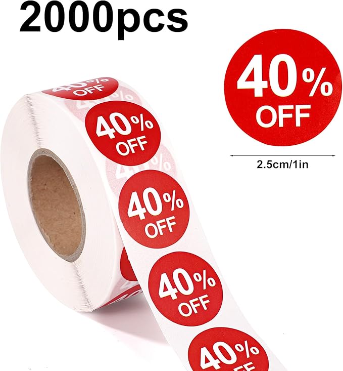 2 Rolls 40% Discount Stickers, 1 Inch Percent Off Promotion Labels Round Price Markers Reduced Percentage Tags Sale Signs for Retail Stores Supermarkets Shops Garage (Red)