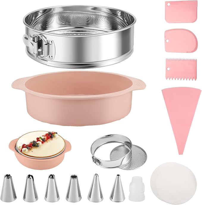 9 Inch Springform Pan sets, Nonstick Leakproof 304 Stainless Steel Springform Cake Pan with Removable Bottom, Silicone Pan Protector & 50PCS Parchment Paper, Piping Bags and Tips, Cake Leveler
