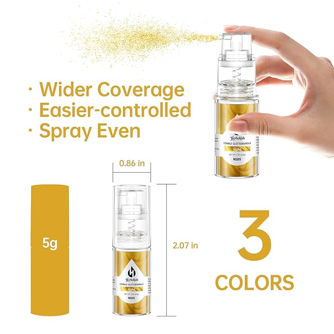 Edible Glitter Spray Set - 3 Colors Iridescent Gold & White Food Grade Shimmer Powder, Metallic Edible Spray Glitter for Cakes, Cookies, Chocolate & Strawberries, 5g/Bottle