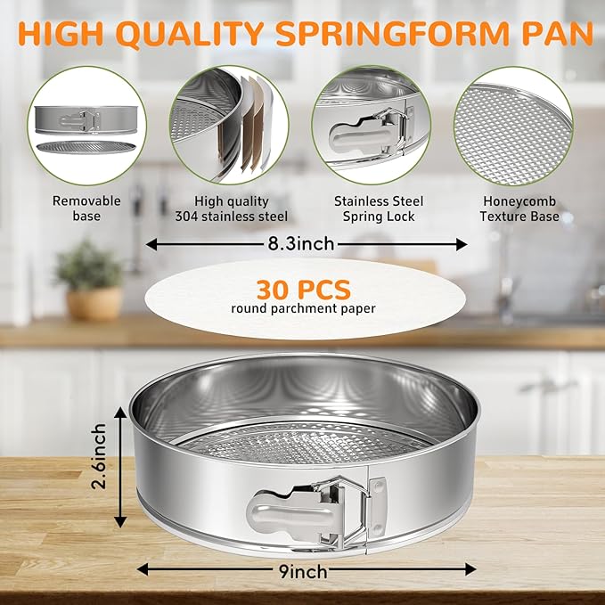 9 Inch 304 Stainless Steel Springform Pan with Removable Bottom, Nonstick Round Spring Form Cheesecake Pan with 30 Pcs Parchment Paper Liners