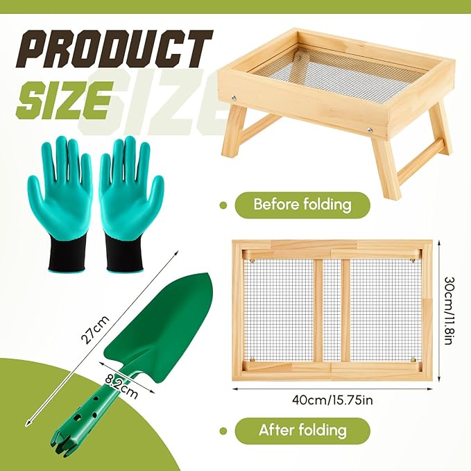 Vicenpal 15.8 x 11.8 Inches Soil Sifter Dirt Sifter with Folding Bracket for Garden Soils Wood Compost Sifters for Rocks Sieve with Shovel Glove Set Tool Screen Soil Peat Moss Leave Loam Sand Plant