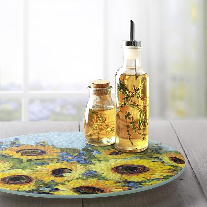 CounterArt Sunflower Gallery 4mm Tempered Glass Lazy Susan Turntable 13" Diameter Condiment Caddy Cake Plate Pizza Server