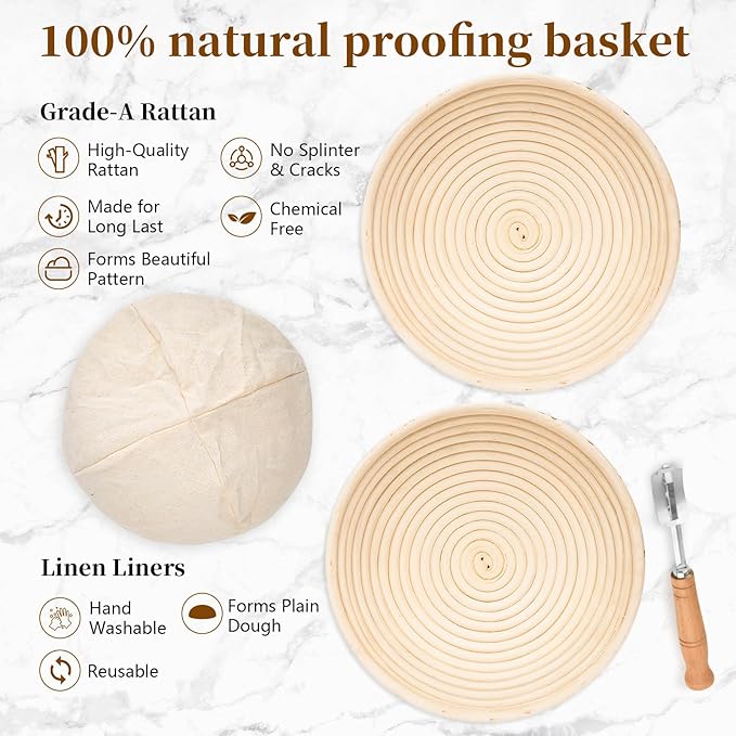 Banneton Bread Proofing Basket Set of 2 9 inch Round Dough Proofing Basket，Sourdough Starter Kit with Linen Liner, Lame, Dough Whisk,Complete Sourdough Bread Baking Supplies