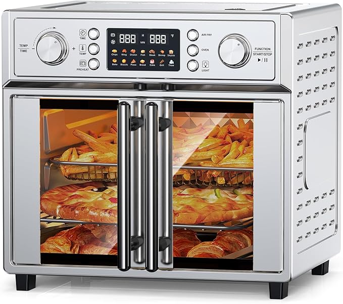 27.5QT French Door Air Fryer Toaster Oven Combo, Countertop Oven with 14 Presets & Digital Control, Stainless Steel Large Toaster Oven for Baking, Roasting, Includes Accessories,Silver