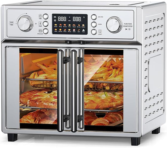 27.5QT French Door Air Fryer Toaster Oven Combo, Countertop Oven with 14 Presets & Digital Control, Stainless Steel Large Toaster Oven for Baking, Roasting, Includes Accessories,Silver
