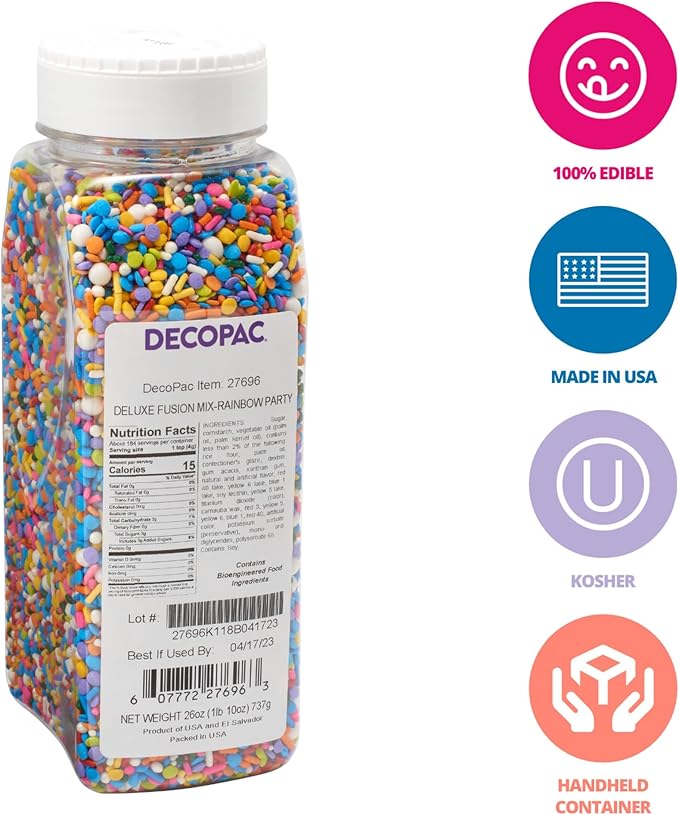 DecoPac Rainbow Party Fusion Mix Sprinkles, 26oz, Shaped Candy Sprinkles in Handheld Container, Magical Edible Decorations For Celebration Cakes, Cupcakes, Cookies and Donuts