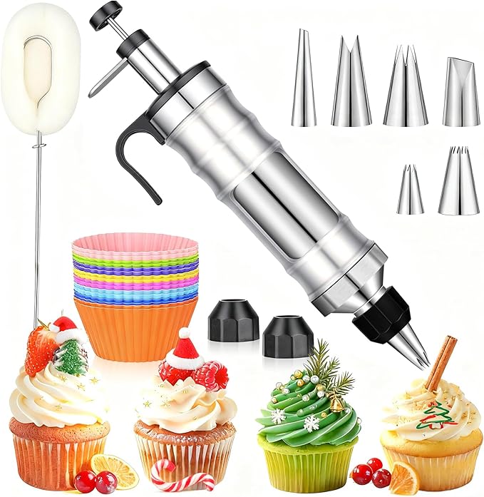 Dualshine Dessert Decorating Syringe Set, Frosting Piping Kit, Stainless Steels Icing Piping Kit, Cake Decorating Tools 6 Russian Piping Icing Nozzles Cupcake Piping Kit Christmas Baking Gifts