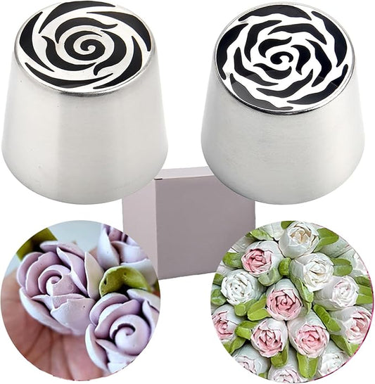 Russian Piping Tips Set 2PCS Stainless Steel Cake Decorating Kit for 3D Flowers Roses Extra Large Icing Nozzles Flower Tips Baker Tools for Wedding Birthday Cakes Cupcakes Cookies (Silver A-4)