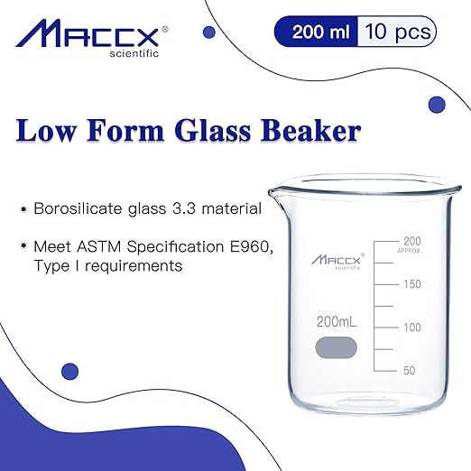 6.7oz(200ml) Sturdy Glass Beaker, 3.3 Borosilicate Griffin Low Form with Printed Graduation, Pack of 10, BKL200-010