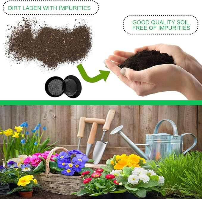 2 Pcs Round Garden Soil Sieve Pan with Handle Sand Sifter Set for Sieve Work of Small Gravel, Soil, Sand（Black）