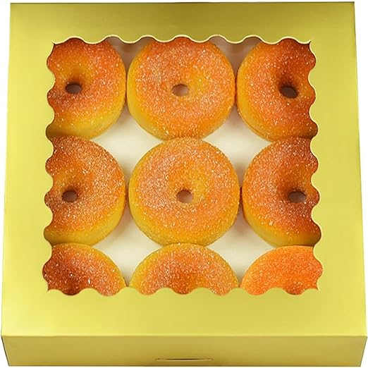 qiqee Gold Pastry Box With Window 8x8x2.5 inch Donut Pie Boxes 30pcs Bakery Box Auto-pop up