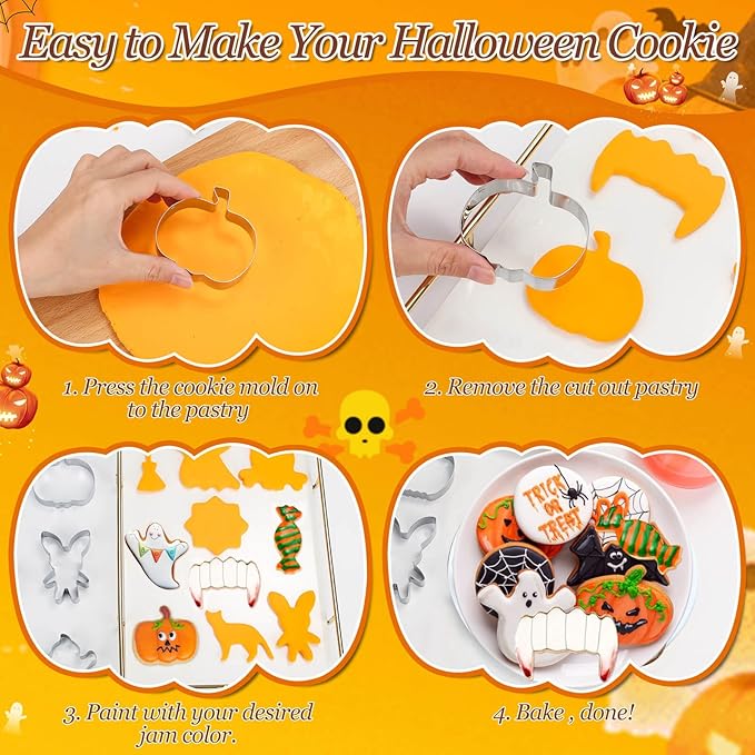 Lezmarket 22Pcs Halloween Cookie Cutters, Stainless Steel Baking Supplies for Halloween Cookie Sandwich Party Decorations- Ghost Pumpkin Cat Bat Coffin Witch Hat Skull Candy Broom Spider Owl Tooth