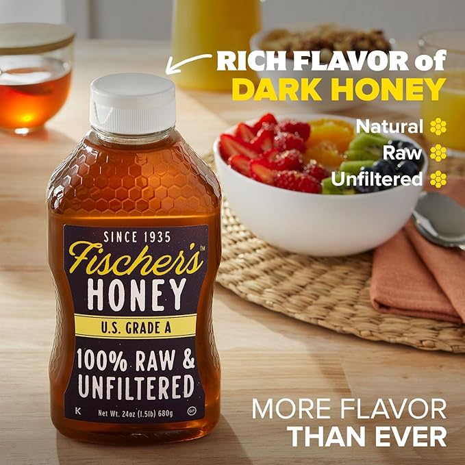 Fischer's 100% Pure, Raw & Unfiltered Honey – USA Made Honey, 24 oz – All-Natural Sweetener – Rich Flavor Profile, Packed with Nutrients