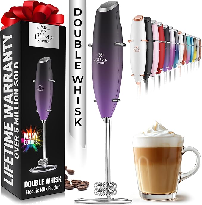 Zulay Kitchen Double Whisk Milk Frother – Handheld Foam Maker for Coffee, Lattes, Matcha, Hot Chocolate & Cappuccinos – Whip Creamy Froth in Seconds, Portable & Easy to Use