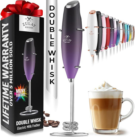 Zulay Kitchen Double Whisk Milk Frother – Handheld Foam Maker for Coffee, Lattes, Matcha, Hot Chocolate & Cappuccinos – Whip Creamy Froth in Seconds, Portable & Easy to Use