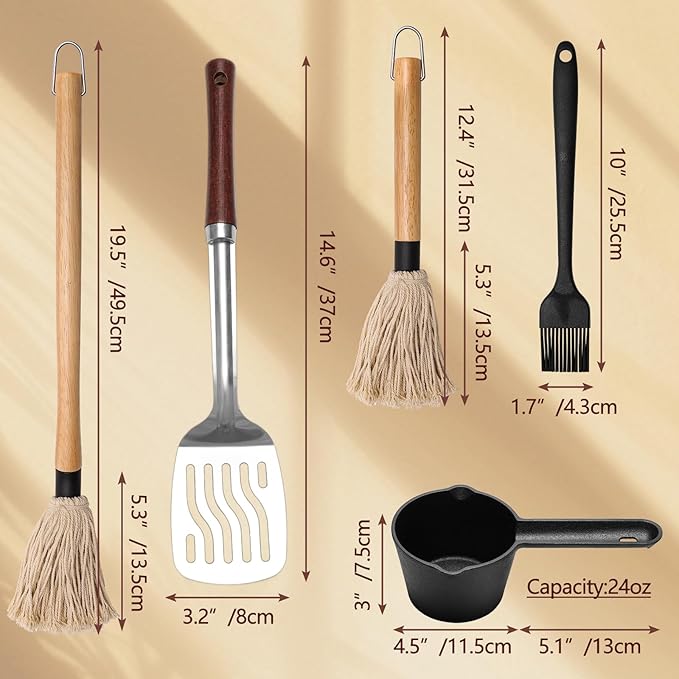 BBQ Mop Brushes for Sauce and Cast Iron Sauce Pot for Grilling, 2PCS Wooden Handle Mop Brushes 18+11 Inch with 4PCS Replacement Silicone BBQ Basting Brush for Cooking Grill Spatula