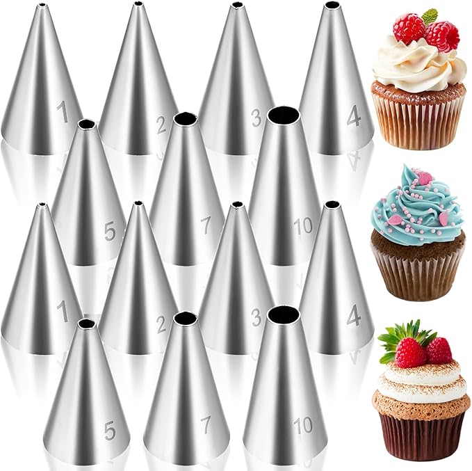14pcs Round Hole Piping Tips Set, Stainless Steel Frosting Piping Kit, Cake Decorating Kit with 7 Sizes Nozzles Tips Piping Set, Baking Sets Tools for Pastry Fondant and Cream Bag Filler