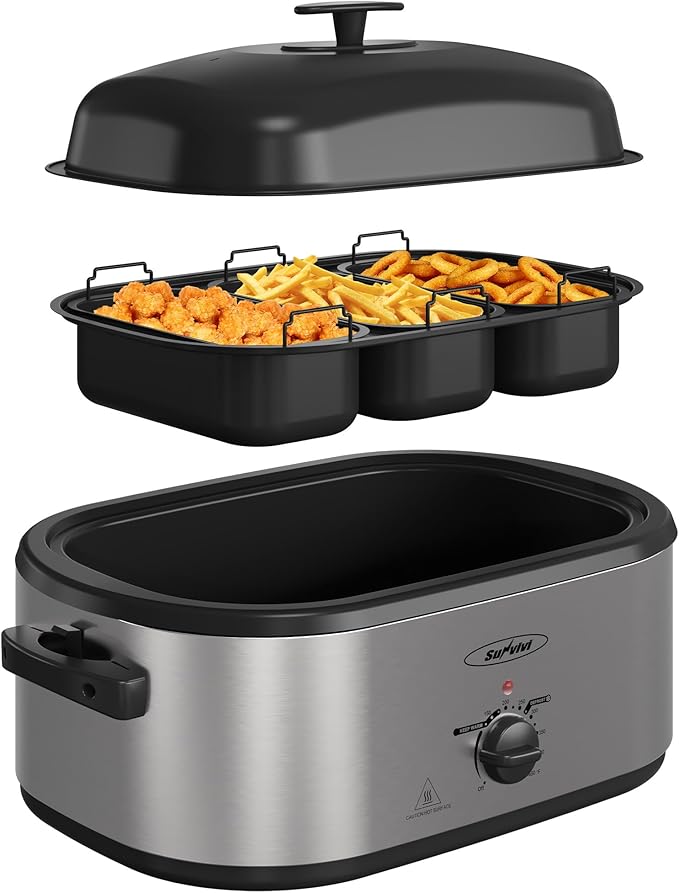 Sunvivi 24 QT Electric Roaster Oven with Self-Basting Lid, 3 Compartments, and Keep Warm Function, Full-Range Temperature Control (150-450°F), Stainless Steel
