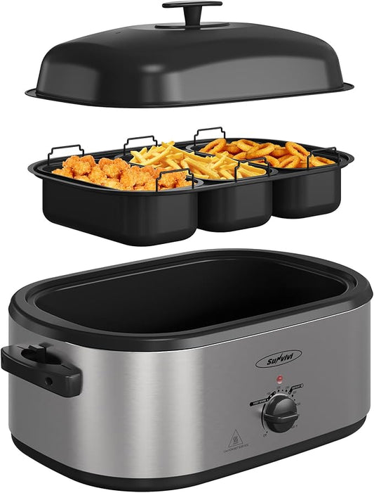 Sunvivi 24 QT Electric Roaster Oven with Self-Basting Lid, 3 Compartments, and Keep Warm Function, Full-Range Temperature Control (150-450°F), Stainless Steel