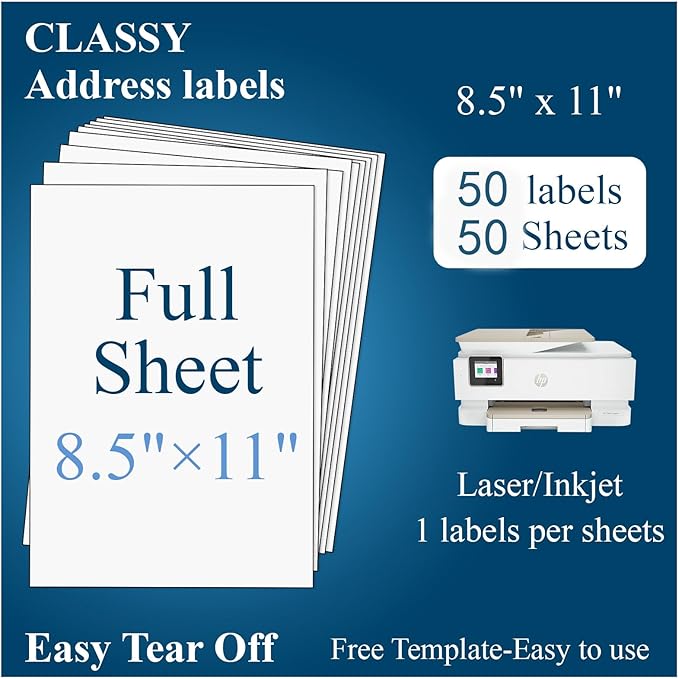 (50 Sheets, 50 Labels) Sticker Paper, 8.5" x 11" Full Sheet Shipping Address Labels, 1 Per Page Self Adhesive Mailing Label for Laser and Inkjet Printers