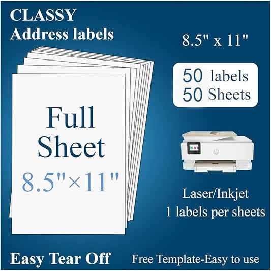 (50 Sheets, 50 Labels) Sticker Paper, 8.5" x 11" Full Sheet Shipping Address Labels, 1 Per Page Self Adhesive Mailing Label for Laser and Inkjet Printers