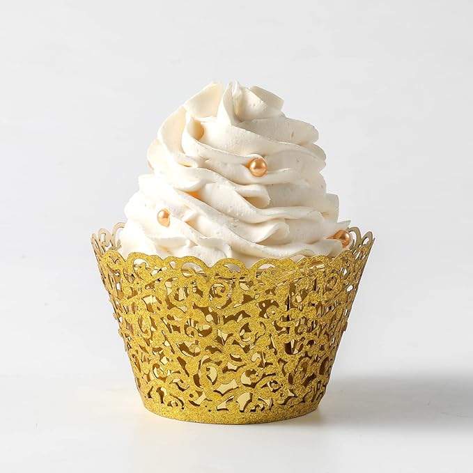 100pcs Cupcake Wrappers Artistic Bake Cake Paper Cups Little Vine Lace Laser Cut Liner Baking Cup Muffin Case Trays for Wedding Party Birthday Decoration (Gold Glitter)