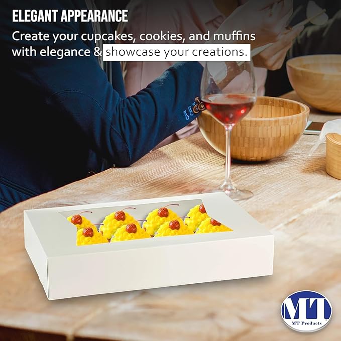 MT Products White Chocolate Covered Strawberry Boxes - 12" x 8" x 2.25" (Pack of 25) Auto Pop-Up Bakery Boxes with Window - Made in USA
