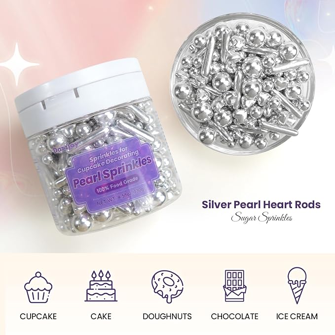 Edible Silver Pearl Heart Rods Sprinkles, Mix Size, Silver Pearl Sprinkles for cupcake decorating, Cupcake Toppers Cake Decorations, 130g/4.58oz