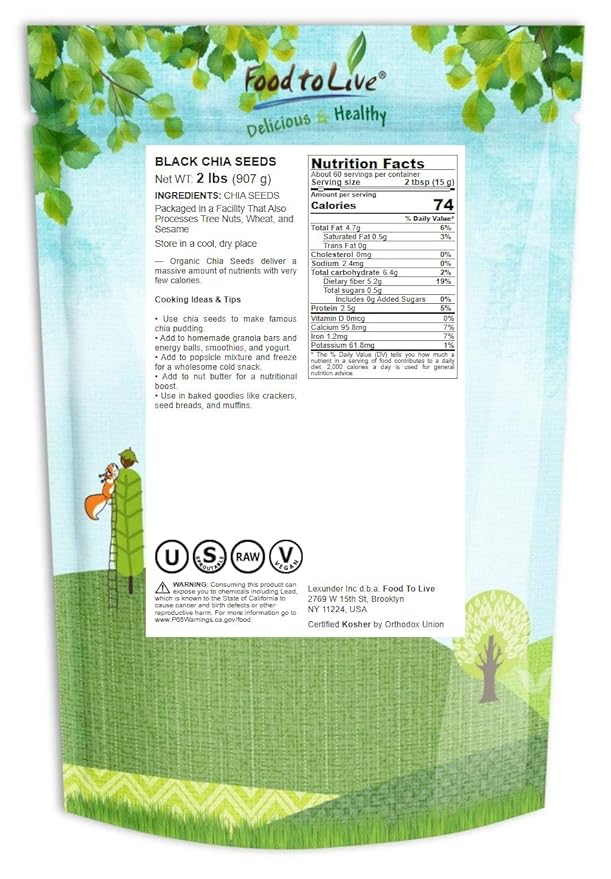Food to Live - Black Chia Seeds, 2 Pounds - Whole, Sproutable, Vegan, Kosher, Keto, Sirtfood, Bulk. Rich in Essential Fatty Acids, Fiber, Protein. Great for Chia Pudding, Smoothie, Oatmeal