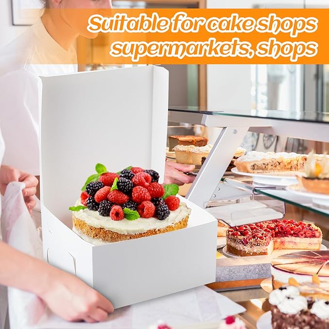 Ireer 50 Pack 10 x 10 x 5 Inch White Cake Boxes Cardboard Bakery Boxes for Pie Pastry Cookie