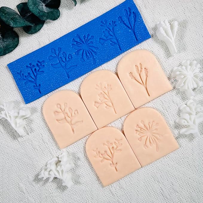 Polymer Clay Molds – 5PCS Botanical Texture Stamps with Flower & Leaf Patterns, Clay Cutters and Tools for Polymer Clay Jewelry and DIY Earring Crafts