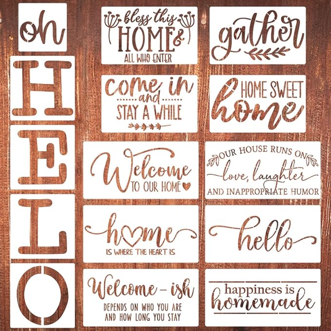 Welcome Stencils for Painting 12” Oh Hello Stencils Welcome-ish Stencil Gather Plastic Templates for Drawing on Wood/Mat/Round Door Hanger