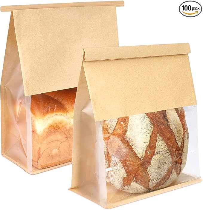 100 Pack Bread Bags with Tabs for Homemade Sourdough Bread, 8.7x4.3x11 Inches Tin Tie Tab Lock Large Paper Bakery Packaging Bags with Window for Gifting & Bake Sale