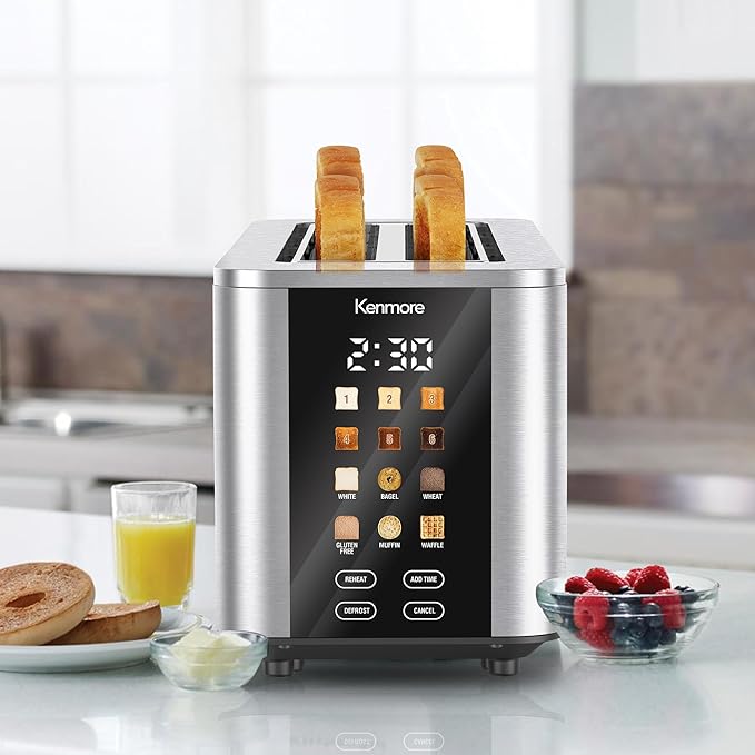 Kenmore 4-Slice Long Slot Toaster | Color Touch Screen & 6 Shade Settings | Extra Wide Slots | Digital Timer | Customizable Smart Presets | Reheat, Defrost, Add Time Functions | Stainless Steel
