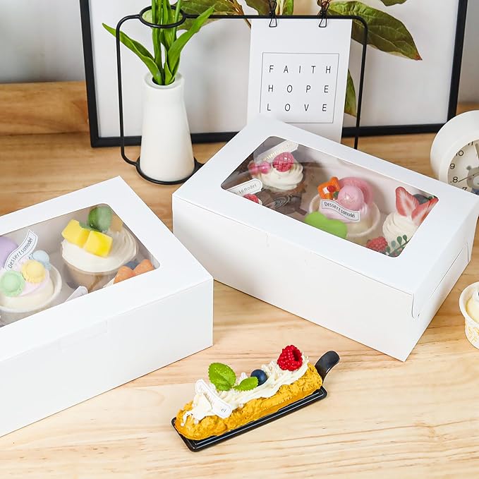 15 Pack Cupcake Boxes with Inserts 6 Holders, White Standard Bakery Boxes with Window Food Grade Cupcake Containers 6 Count for Muffins