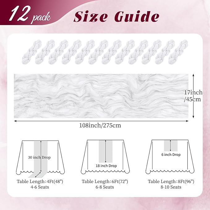 12 Pack White Cheesecloth Table Runner 17x108 Inch Semi Sheer Boho Gauze Cheese Cloth Fabric Table Runners, for Wedding Party Baby Shower Birthday Home Decor Garden Farmhouse
