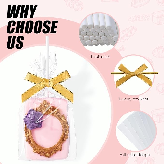 RomanticBaking 50 Sets Clear Rice Krispie Treat Bags with Gold Ribbon Bow and Stick & Flat Cellophane Clear Bags for Rice Krispie Treats Gift Giving Bag(Gold)