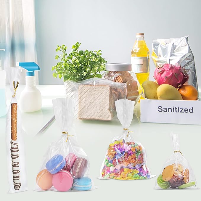 300 PCS Clear Flat Cellophane Treat Bags with 3x5",4x6",5x7",6x9",2x10",5x11",Treat Bags with Ties are Good for Pretzel Rods,Bakery, Cookies, Candies,Dessert.