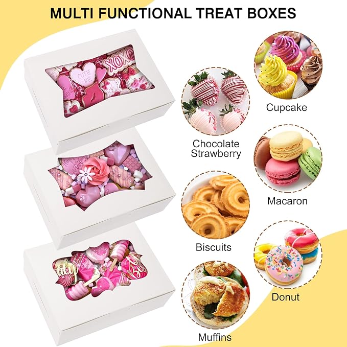 TOMNK 30pcs Cookie Boxes, 8x6x2.5 Inches 3 Style Windows Treat Boxes with Window for Treats, Chocolate Covered Strawberries, Muffins, Donuts