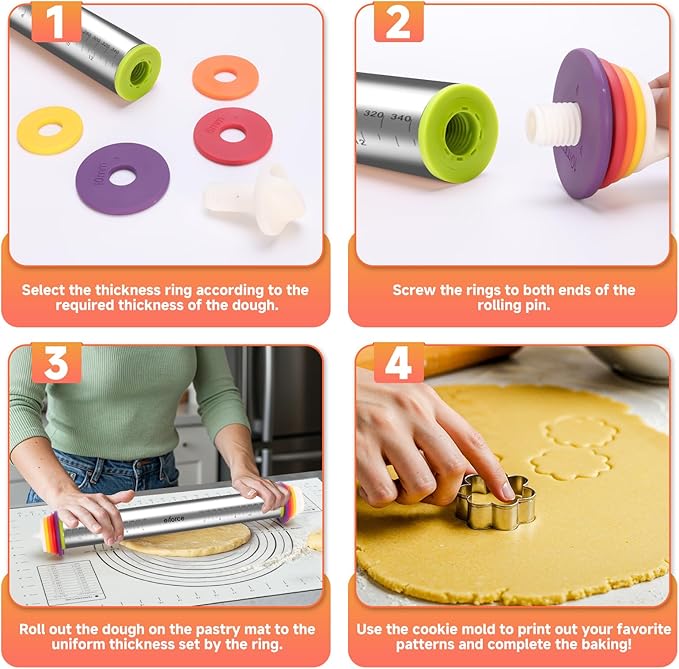 Stainless Steel Rolling Pin with Thickness Rings and Pastry Baking Mat, Pizza, Cookie, Bread, Pie Crusts,Roller Rod for Dough Thickness, 13.6" with 4 Multicolored Thickness Rings&Cookie Molds