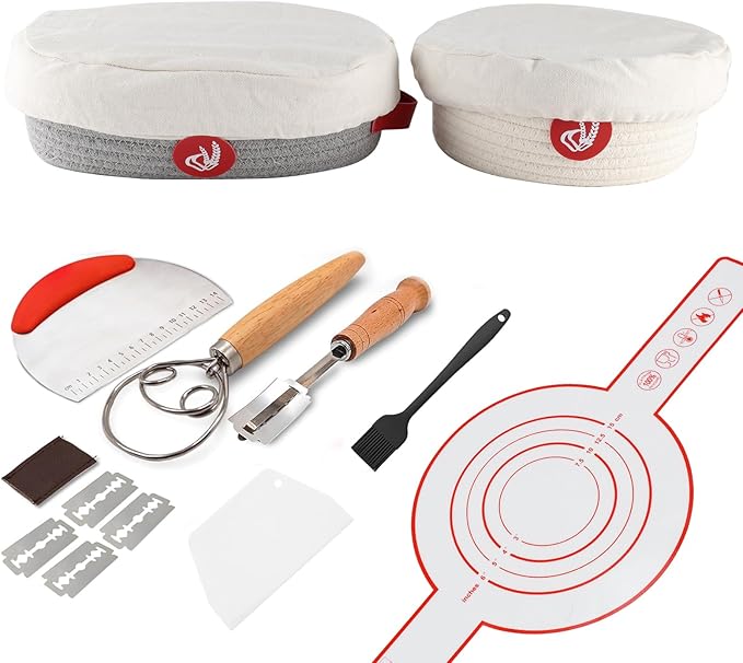 Sourdough Starter Kit,Sourdough Bread Baking Supplies with 2 pack Cotton Rope banneton bread proofing basket with handle,Baking Accessories,Sour Dough Tools,Baking Mat Dough Scraper & More